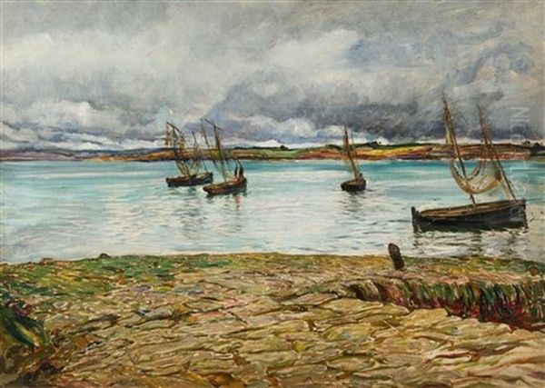 River Landscape With Boats Oil Painting by Robert Walker Macbeth