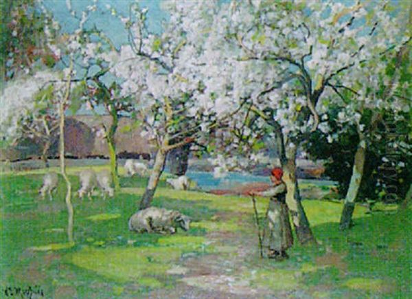 Shepherdess In The Orchard Oil Painting by William Macbride