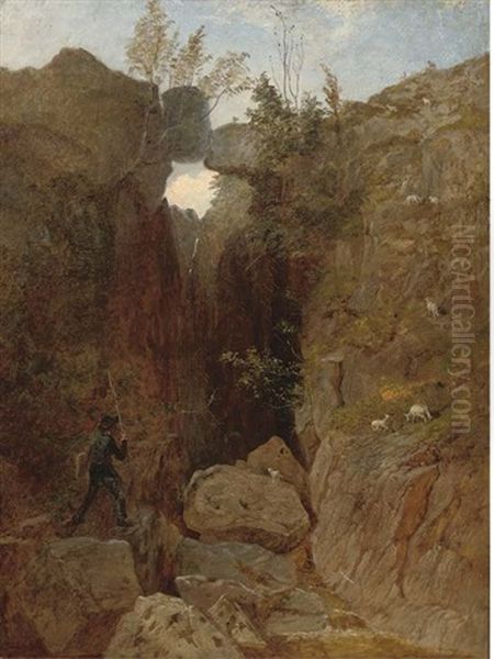 The Artist Crossing A Ravine Oil Painting by Andrew MacCallum