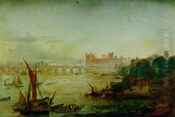 A View Of The Thames With The Houses Of Parliament Under Construction Oil Painting by Andrew MacCallum