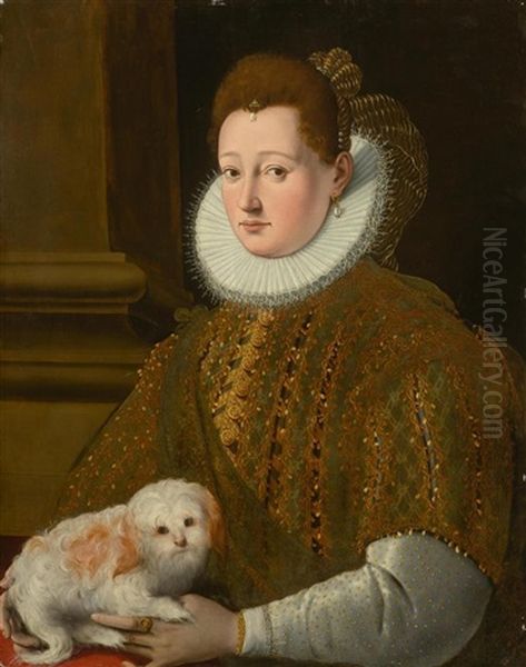 Portrait Of A Noblewoman With A Small Dog Oil Painting by Girolamo Macchietti