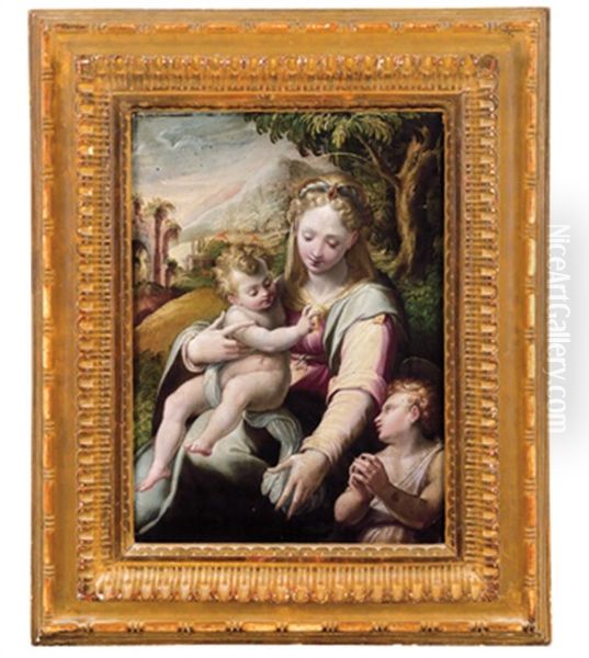 Madonna Mit Dem Kind Und Dem Johannesknaben In Einer Landschaft - Madonna Con Il Bambino E San Giovannino In Un Paesaggio Oil Painting by Girolamo Macchietti