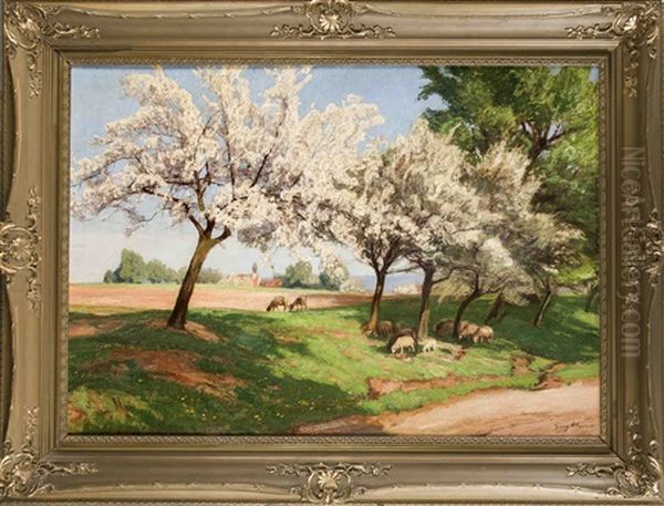 Landschaft Im Fruhling Mit Bluhenden Obstbaumen Und Schafen Oil Painting by Georg Macco