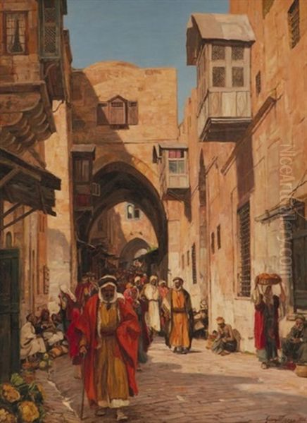 Rue Animee Au Caire Lively Street In Cairo Oil Painting by Georg Macco