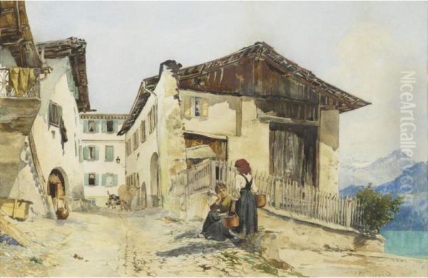 A Street Scene In St Moritz, Engadine Oil Painting by Cecilia Melanie Beresford