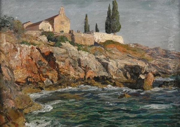 Mediterrane Felskuste. Blick Auf Kleinen Pfarrhof Oberhalb Einer Steilen Bucht Oil Painting by Georg Macco