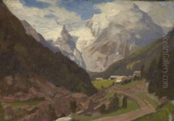 Blick Durch Ein Gebirgstal Auf Den Monte Rosa Oil Painting by Georg Macco