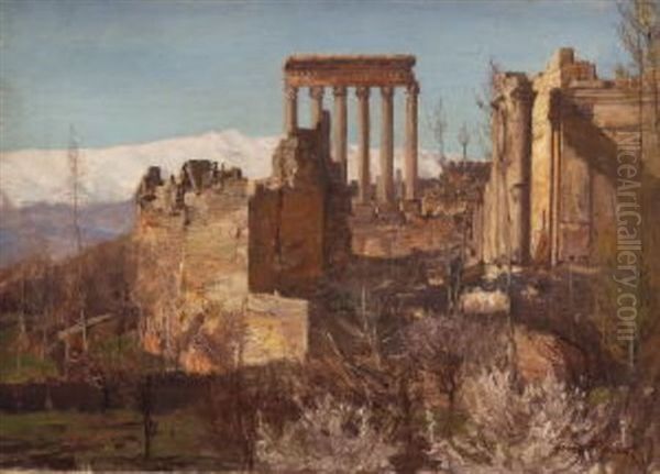 Die Ruinen Von Baalbeck, Im Hintergrund Das Libanongebirge Oil Painting by Georg Macco