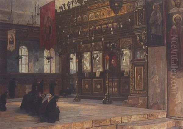 Innenraum Einer Orthodoxen Kirche Mit Ikonostase Und Betenden Glaubigen (in Jerusalem?) Oil Painting by Georg Macco