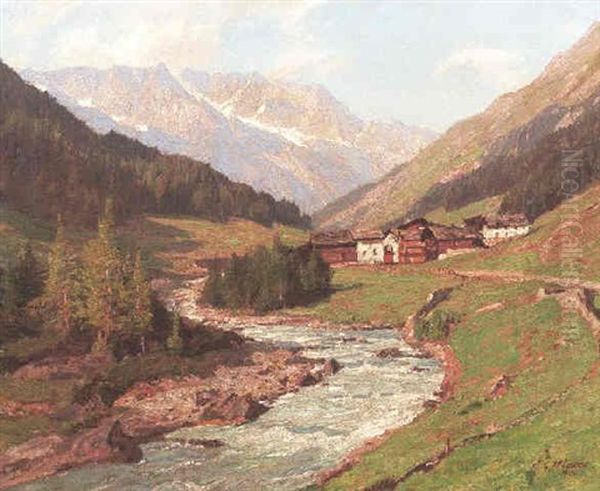 Dorf In Einem Schweizer Alpental Oil Painting by Georg Macco