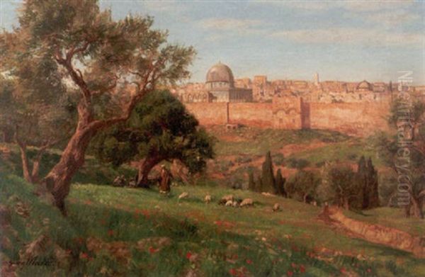 Blick Vom Olberg Auf Jerusalem Mit Dem Felsendom Oil Painting by Georg Macco