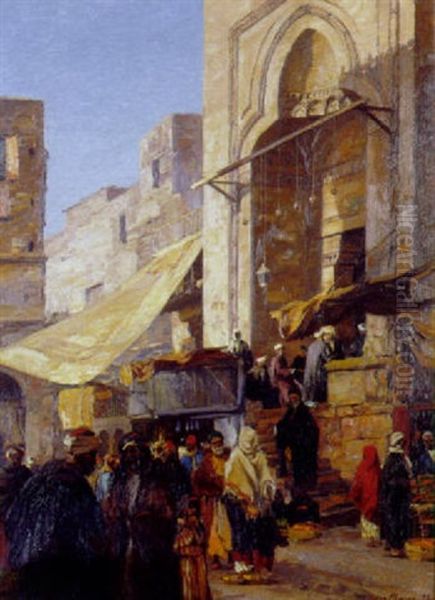 Aux Pieds De La Grande Mosquee Au Cairo Oil Painting by Georg Macco