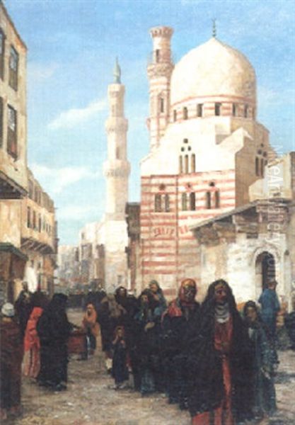 Promeneurs Devant La Mosqee Ibrahim Agha Au Caire Oil Painting by Georg Macco