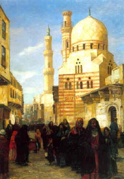 Promeneurs Devant La Mosquee Ibrahim Agha, Au Caire Oil Painting by Georg Macco