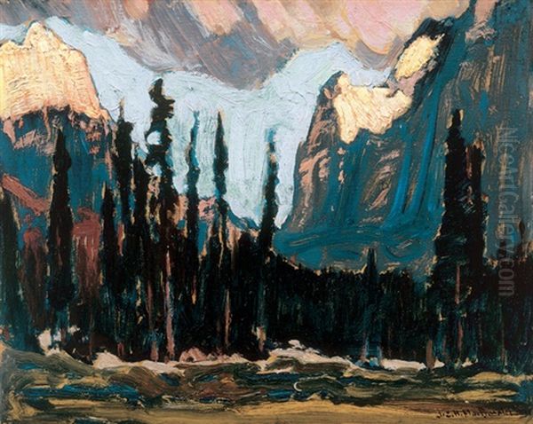 Evening, Hungabee & Biddle Mts., L. O'hara Camp Oil Painting by James Edward Hervey MacDonald