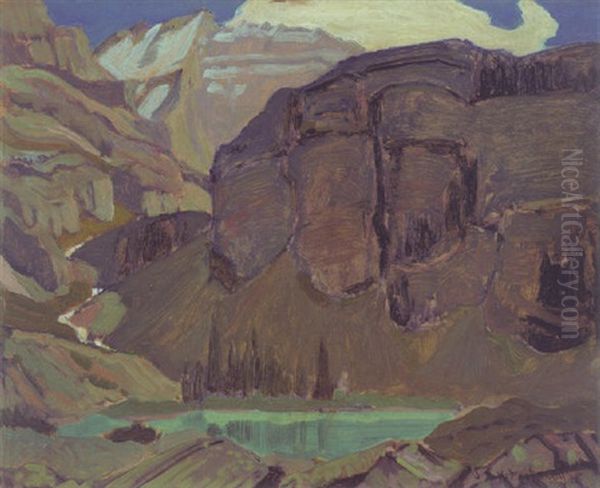 Cliffs And Mountain Lake On Oesa Trail Oil Painting by James Edward Hervey MacDonald