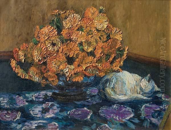 Gato Y Calendulas Oil Painting by Milo Beretta