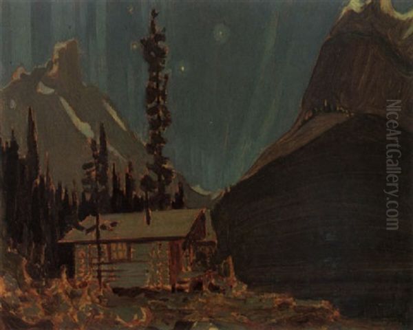 Northern Lights, Lake O'hara, A Cabin In The Foreground Oil Painting by James Edward Hervey MacDonald