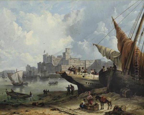 A Busy Day In A Mediterranean Harbour Oil Painting by Petrus Augustus Beretta