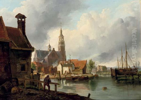 A Shipwharf In Maassluis Oil Painting by Petrus Augustus Beretta