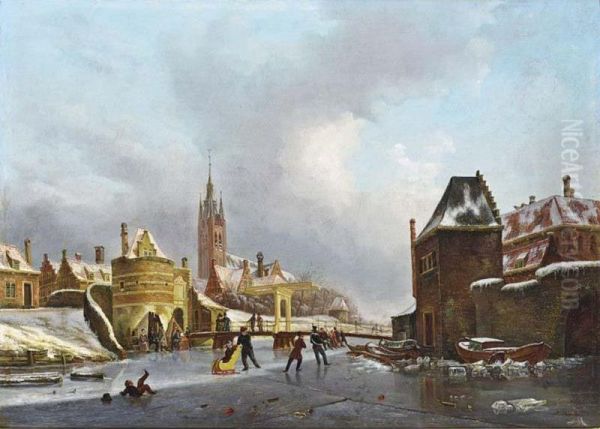 Figures On The Ice Near The Schoolpoort, Delft Oil Painting by Petrus Augustus Beretta