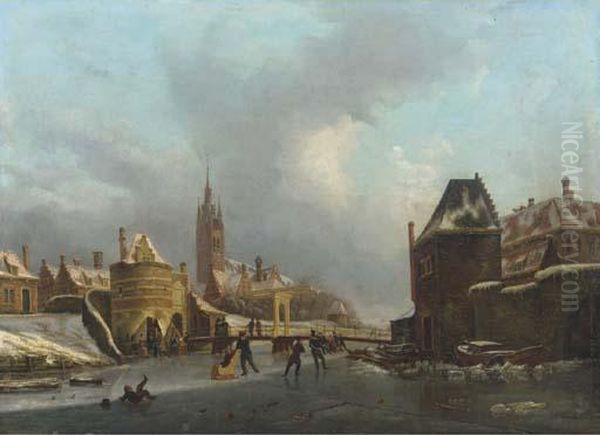 Winterfun On A Frozen Canal By The Oosterpoort, Delft Oil Painting by Petrus Augustus Beretta