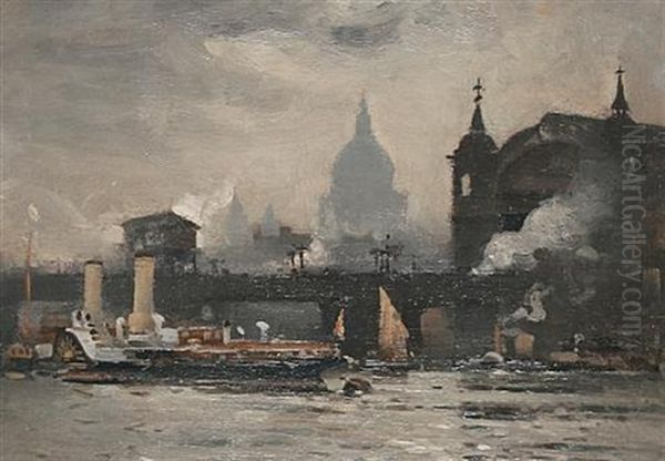 A Thames Paddle Steamer Passing Under The Canon Street Railway Bridge (+ 2 Others; 3 Works) Oil Painting by William A. MacDonald