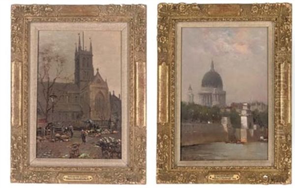 A Summer's Afternoon On The Embankment, St. Paul's Cathedral In The Distance (+ 2 Others; 3 Works) Oil Painting by William A. MacDonald