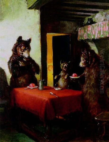 Three Bears At Table While Goldilocks Snoozes Oil Painting by Angus Peter Macdonall