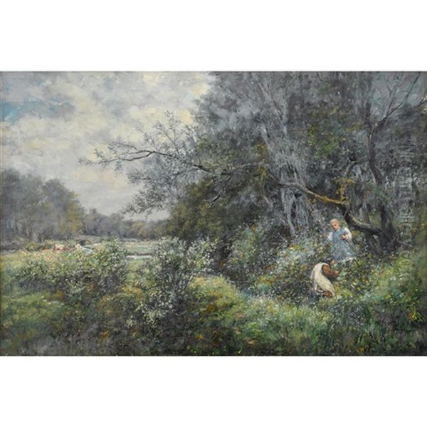 Children At Play In A Carmunnock Landscape Oil Painting by Norman M. Macdougall