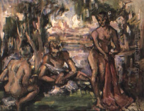 Figures In Landscape Oil Painting by Norman MacGeorge