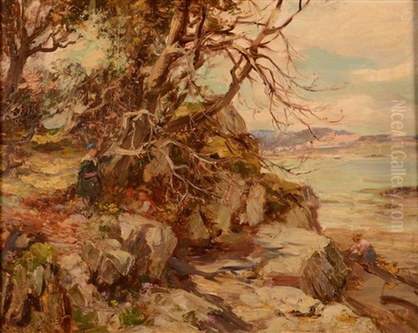 Children On Coastal Rocks Near Kirkcudbright Oil Painting by William Stewart MacGeorge