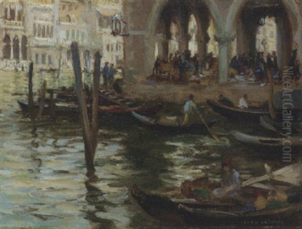 Gondolas On A Venetian Backwater Oil Painting by William Stewart MacGeorge