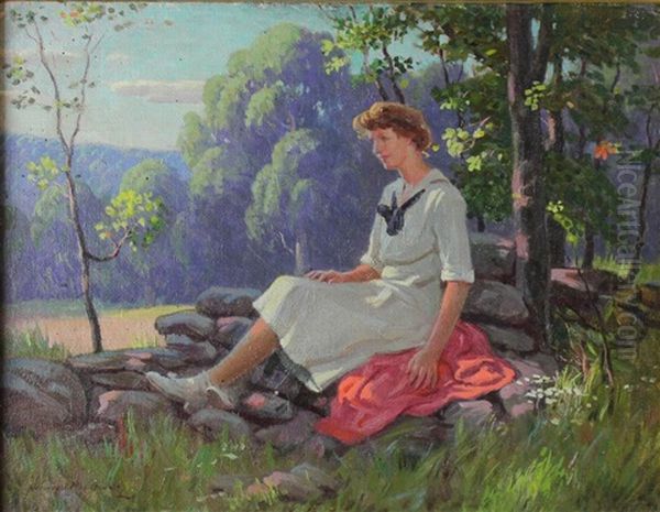 Seated Woman In Landscape Oil Painting by Norwood Hodge Macgilvary