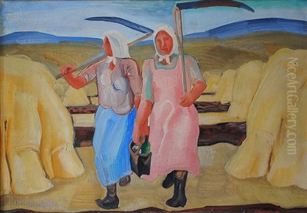 Women With Scythes Oil Painting by Svatopluk Machal