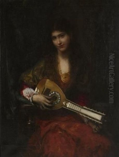 La Joueuse De Mandoline Oil Painting by Jules Louis Machard