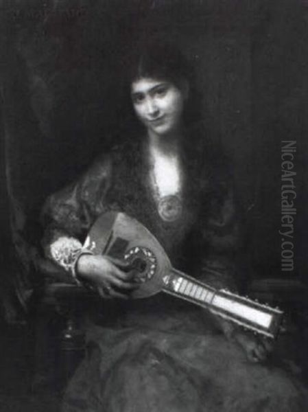 La Joueuse De Mandoline Oil Painting by Jules Louis Machard