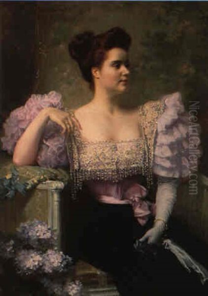 Jeune Femme En Tenue De Soiree Assise Pres D'un Bouquet D'hortensias Oil Painting by Jules Louis Machard