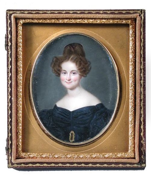 Portrait Miniature Of A Young Lady, Seated, Wearing A Dark Blue Dress With Ruffled Sleeves And Gold Belt Buckle Oil Painting by Ferdinand Machera