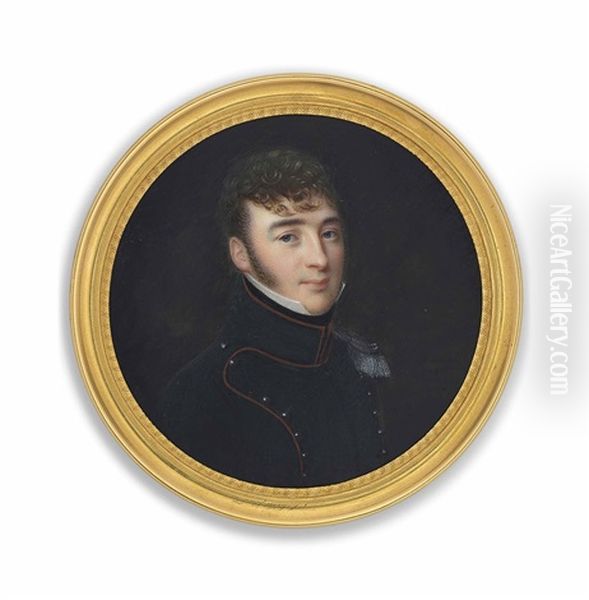 A Young Captain Of A Chasseurs-a-cheval Regiment (2nd Or 11th), In Red-piped Green Uniform With Silver Buttons, Silver Epaulette And Black Stock Oil Painting by Ferdinand Machera