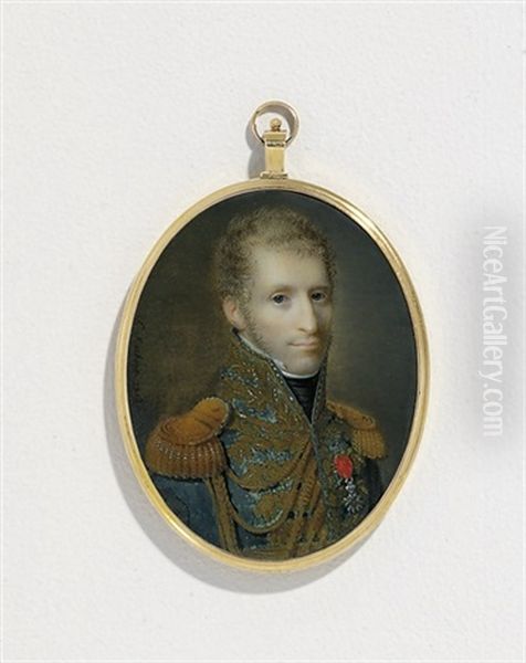 A Young General Or Marshal, In Blue Uniform With Gold Laurel Embroidery And Buttons, Gold Epaulettes And Aiguillettes, Black Stock, White Linen Shirt With Stand-collar Oil Painting by Ferdinand Machera