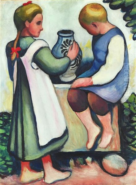 Kinder Am Brunnen Ii Oil Painting by August Macke