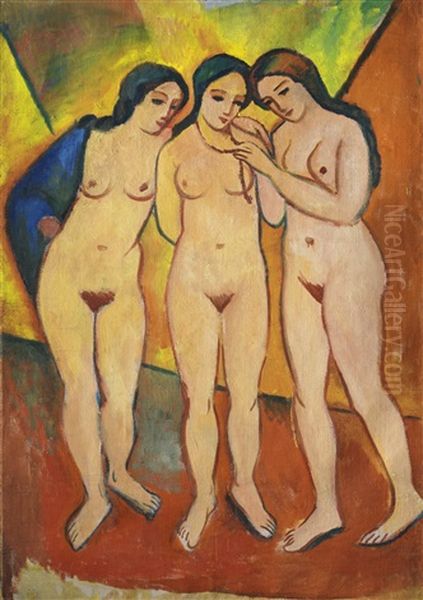 Drei Nackte Madchen Rot Und Orange (three Nudes, Orange And Red) Oil Painting by August Macke