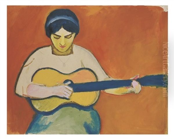 Frau Mit Guitarre Oil Painting by August Macke