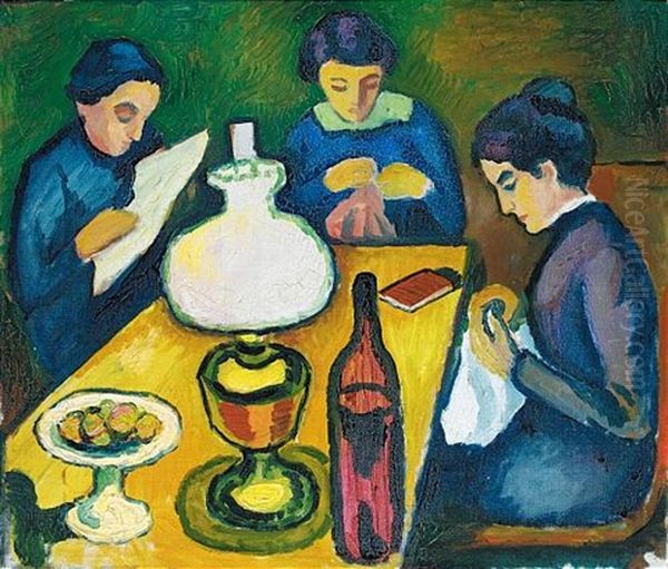 Drei Frauen Am Tisch Bei Der Lampe (three Women At The Table By The Lamp) Oil Painting by August Macke