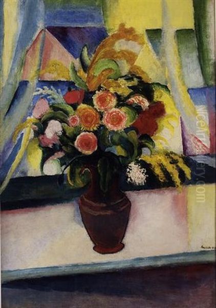 Stilleben: Bunter Blumenstrauss Vor Dem Fenster (still Life: Colourful Bunch Of Flowers In Front Of A Window) Oil Painting by August Macke