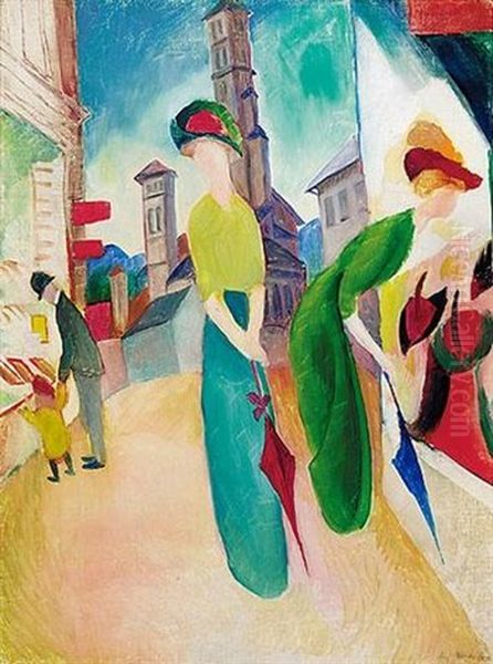 Zwei Frauen Vor Dem Hutladen Oil Painting by August Macke