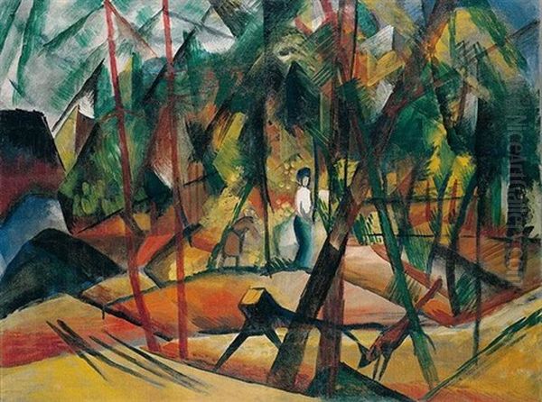 Waldspaziergang Oil Painting by August Macke