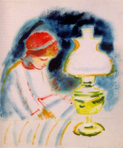 Lesendes Madchen Bei Der Lampe Oil Painting by August Macke