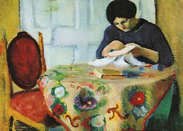 Elisabeth, Stickend Oil Painting by August Macke